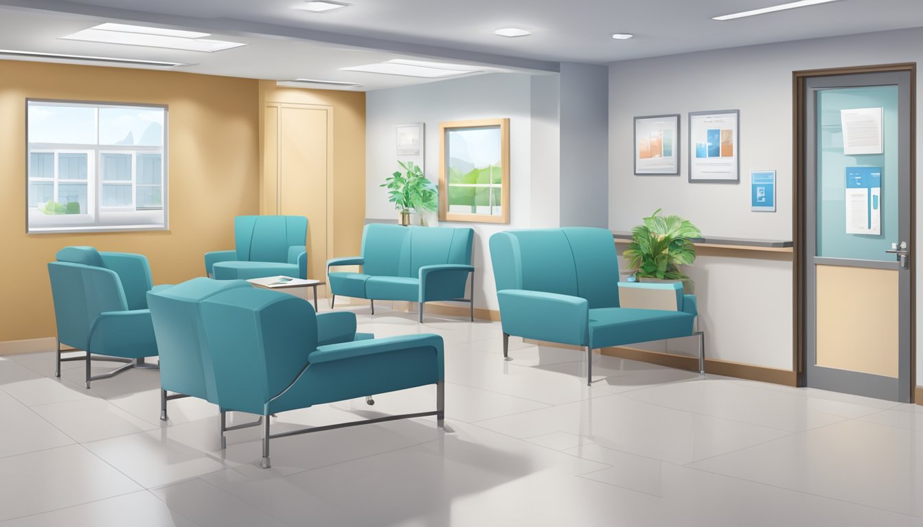 The Heart Doctors Clinic: modern building with cardiology signage, waiting area with comfortable seating, reception desk, and exam rooms equipped with medical supplies