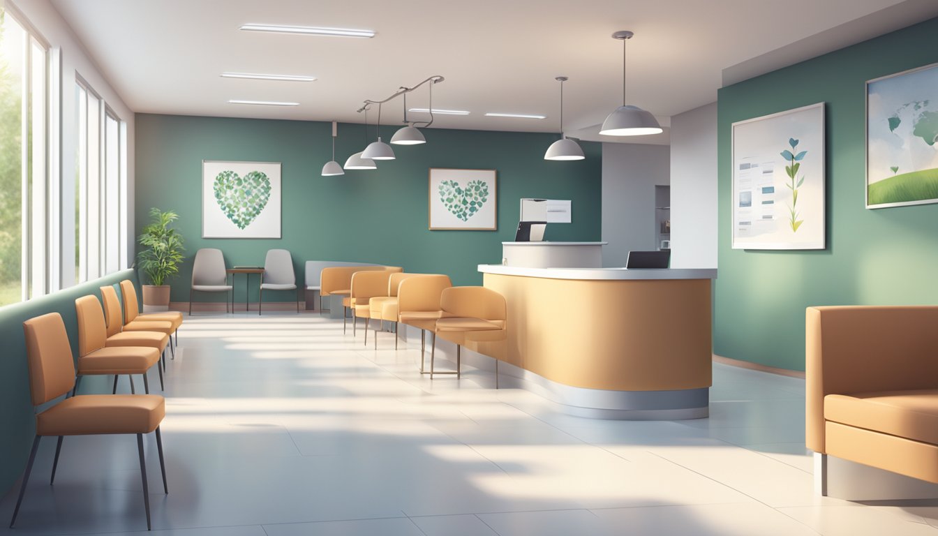 A modern, welcoming cardiology clinic with a prominent sign "The Heart Practice". Clean, spacious waiting area with comfortable seating and soothing decor