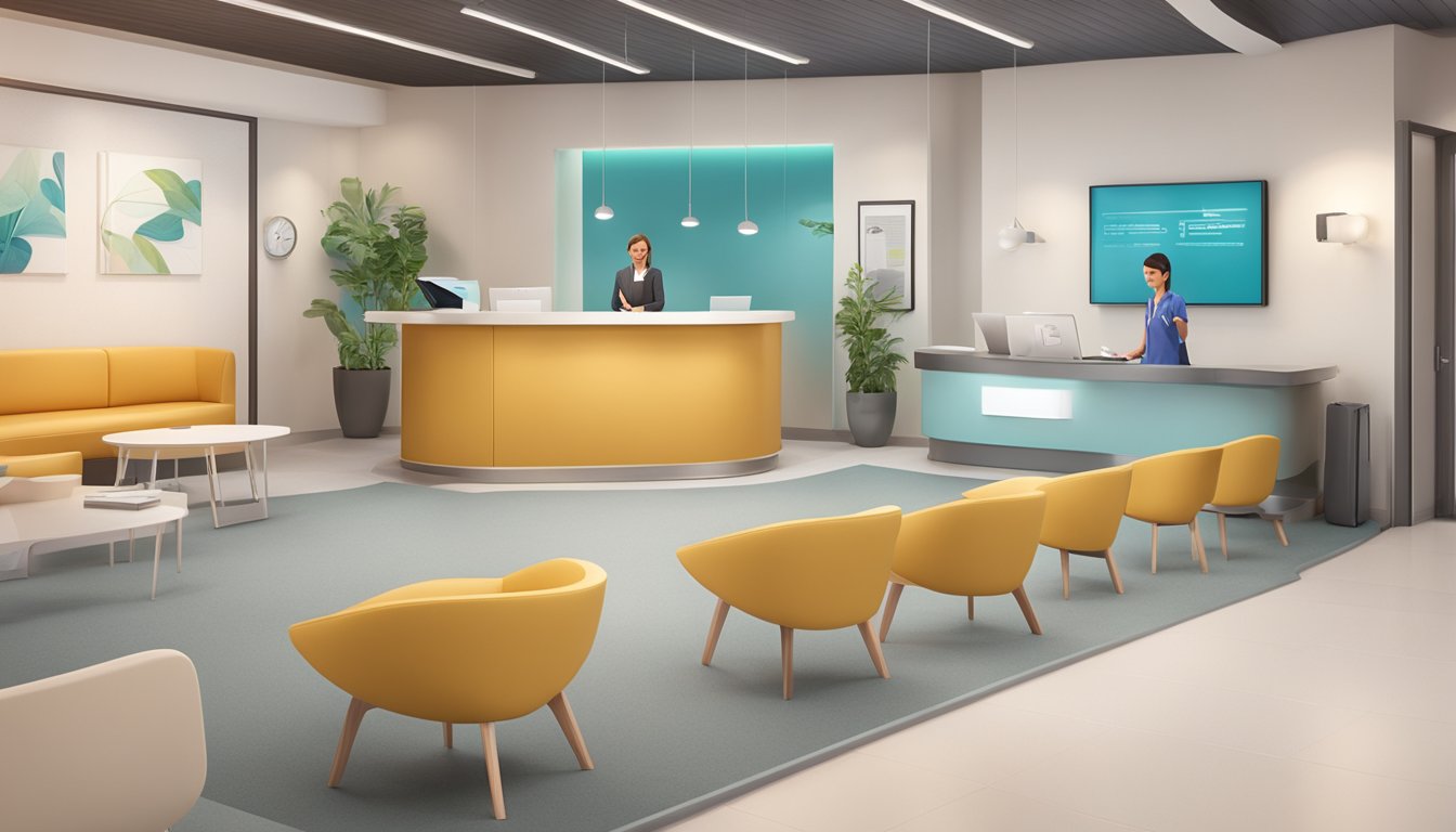 Patients file into the modern clinic, passing a sleek reception desk. The logo of a heart with a stethoscope is prominently displayed. The waiting area is filled with comfortable seating and soothing music