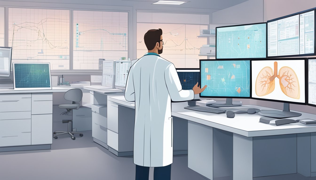 A doctor in a white lab coat stands in front of an array of heart diagrams and monitors, discussing a patient's case with a concerned family