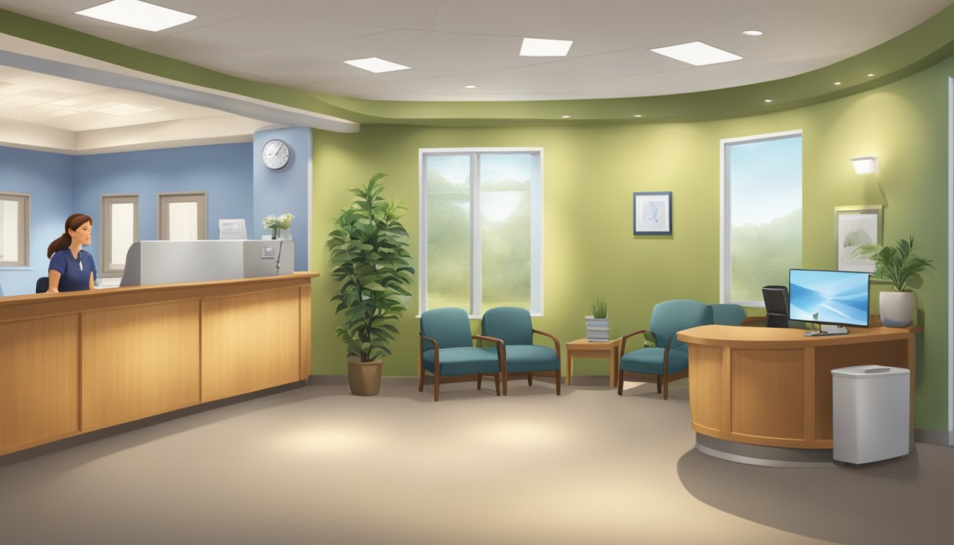 The waiting room at The Heart Doctors Clinic is filled with comfortable chairs and soft lighting. A receptionist greets patients as they enter, and a soothing background music creates a calming atmosphere