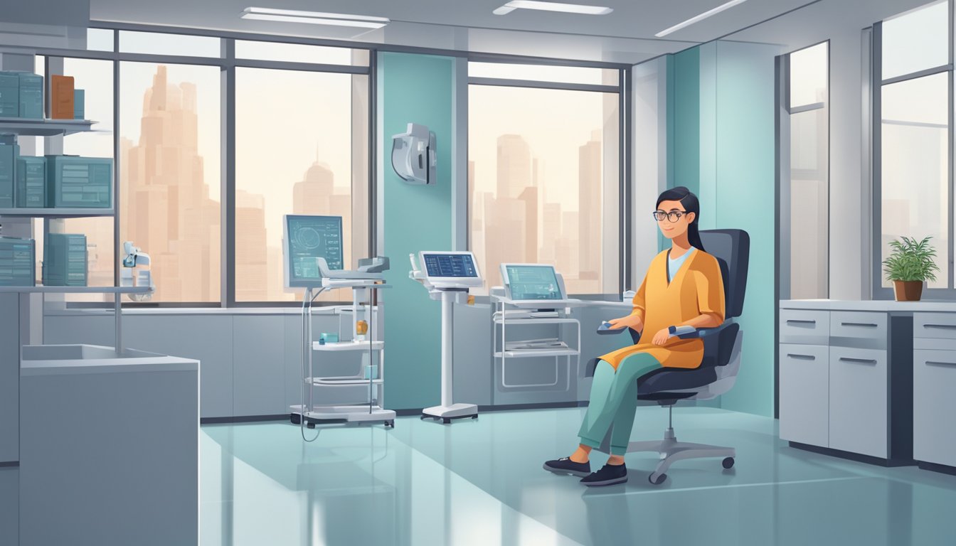 A patient sits in a modern cardiology clinic, reviewing the Heart Practice. The clinic is clean and organized, with medical equipment visible