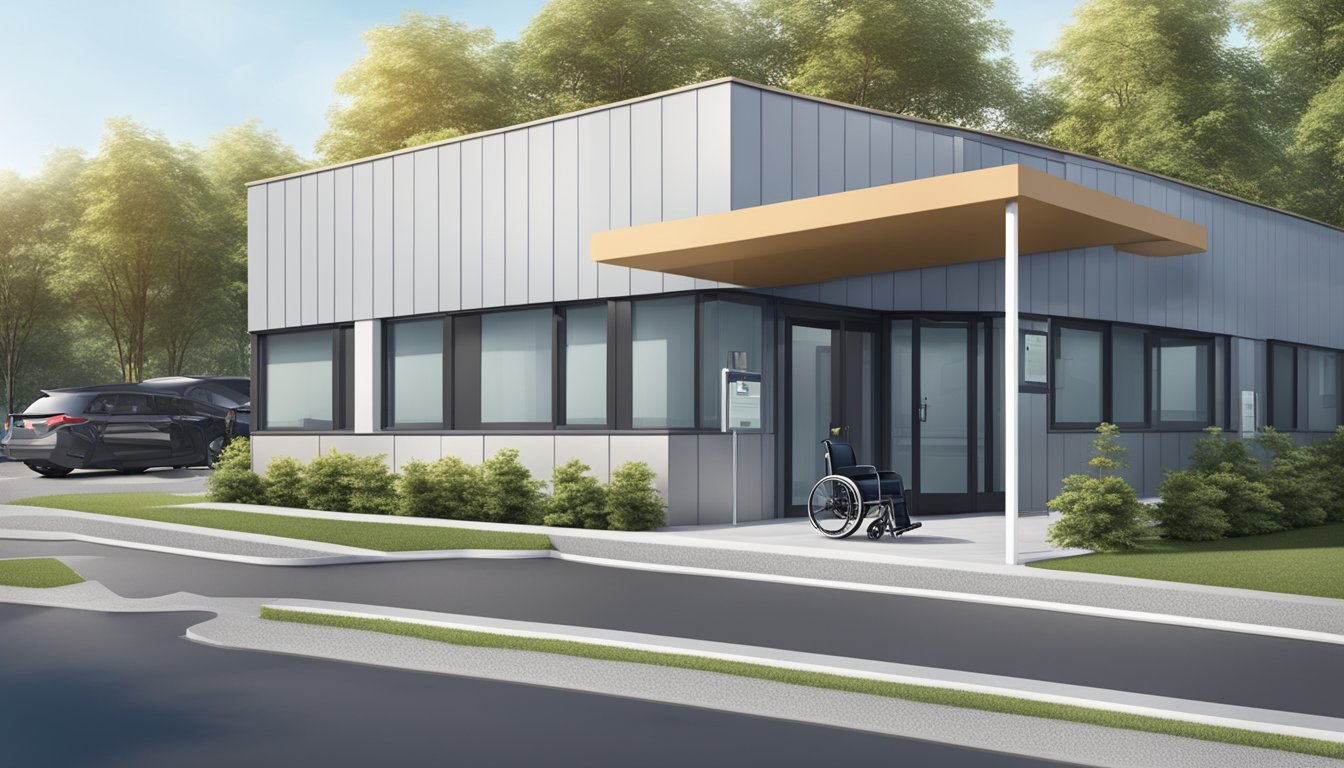 A modern cardiology clinic with wheelchair access and clear signage. Parking spaces for disabled patients are available near the entrance