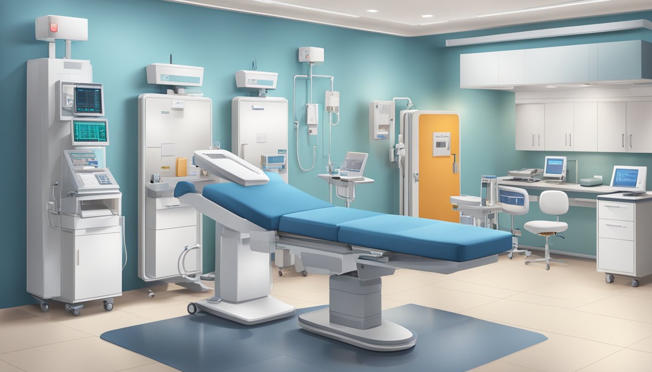 The scene depicts a modern cardiac clinic with state-of-the-art equipment and facilities, including examination rooms, diagnostic machines, and a reception area