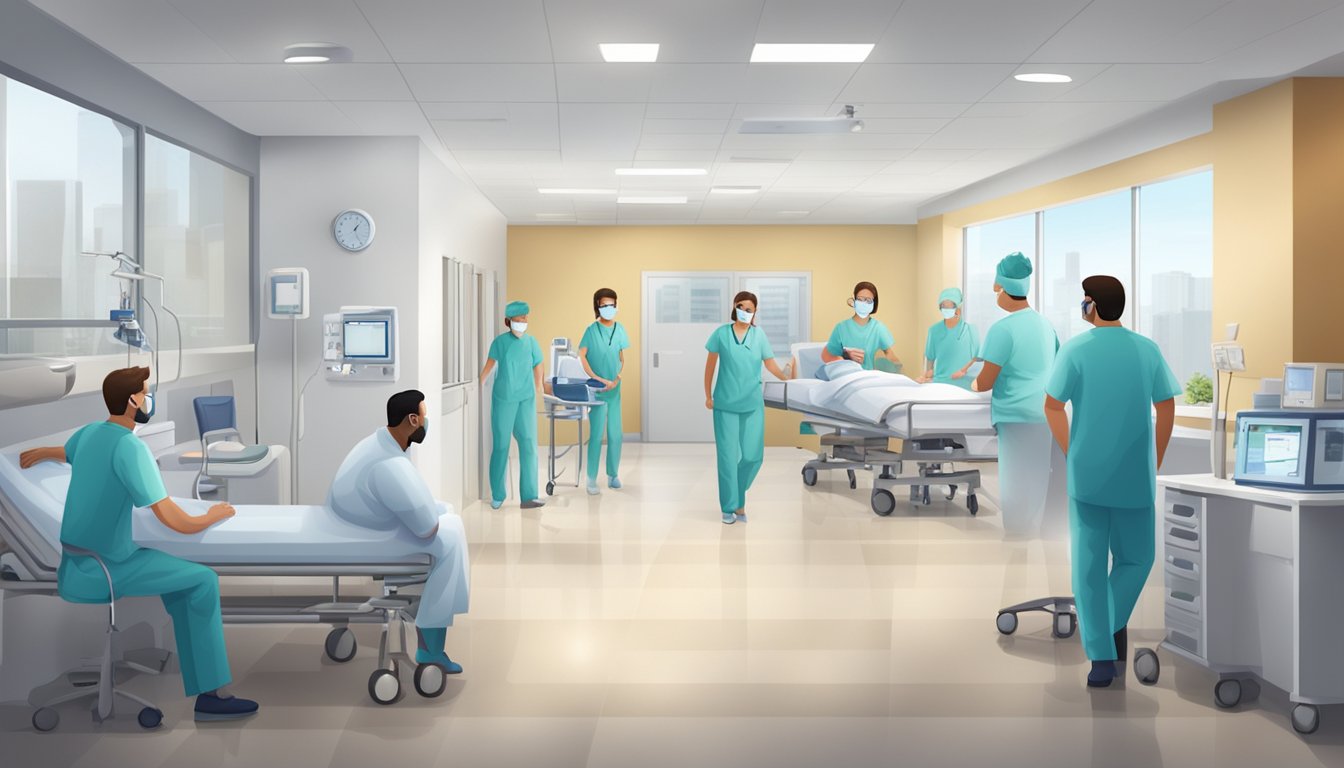 A bustling cardiac center with modern facilities and a team of specialists. Patients are seen receiving care and leaving satisfied