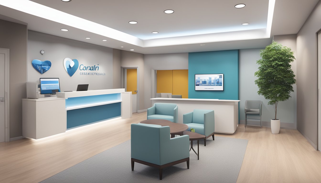 A modern clinic with a sleek reception area, comfortable seating, and informational brochures on cardiac health displayed prominently