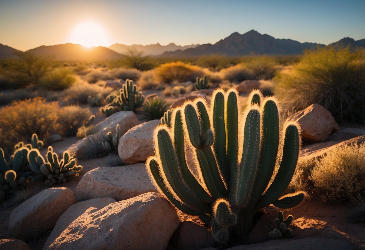 Sunset over McDowell Mountain Regional Park, casting long shadows on the rugged desert landscape. Cacti and rocky outcrops dot the terrain, while the sky is painted with vibrant hues of orange and pink