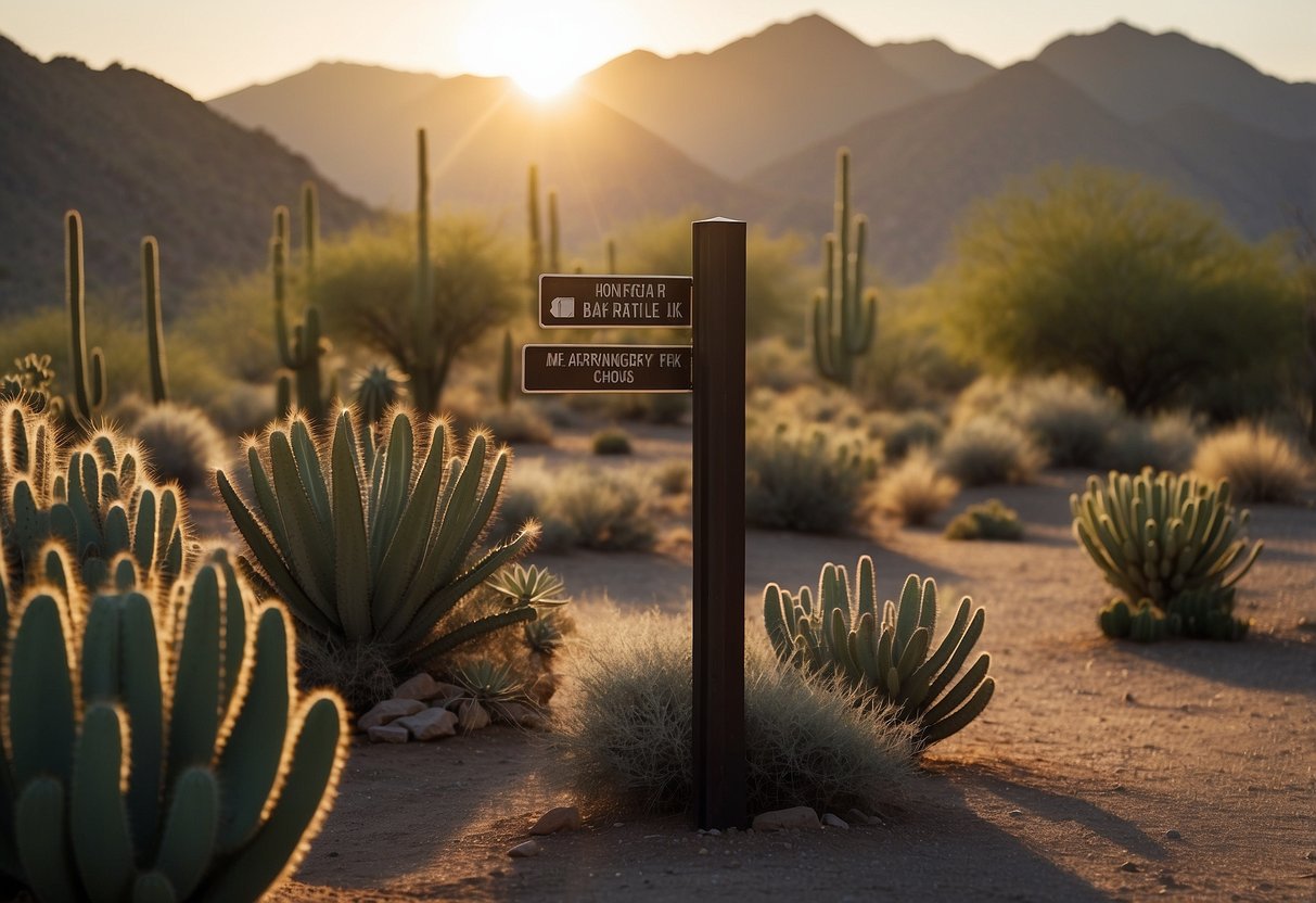 A sign stands at the entrance to McDowell Mountain Regional Park, surrounded by cacti and desert flora. The sun sets behind the mountains in the distance