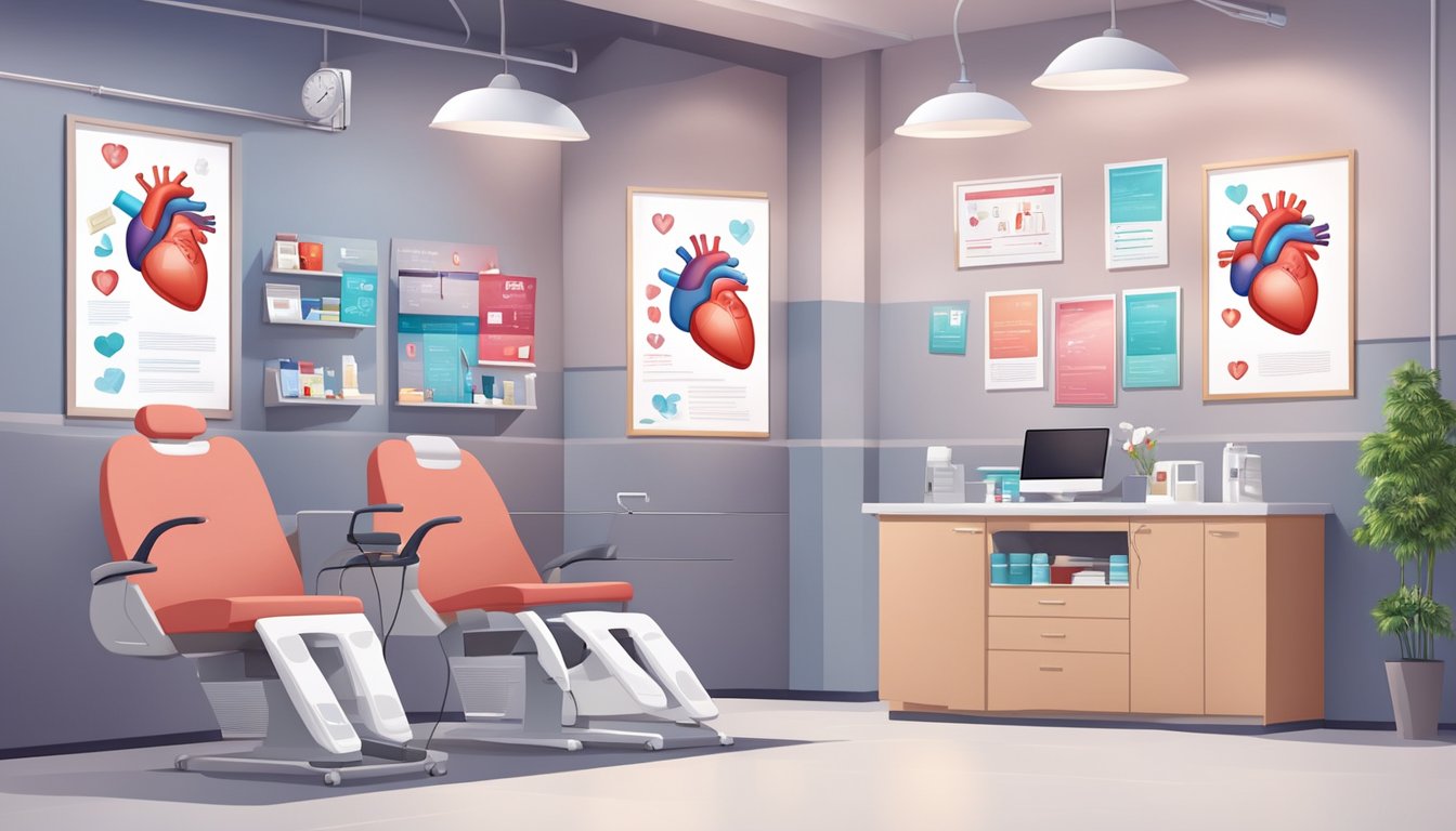 A modern clinic with cardiology equipment and comfortable seating for patients. The walls are adorned with educational posters about heart health and cardiovascular care