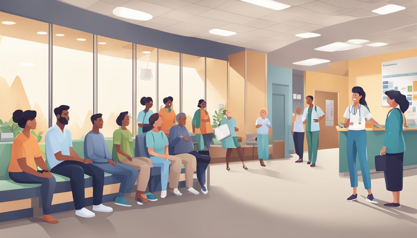 A busy clinic lobby with patients waiting, reception desk, and informational posters on cardiovascular health