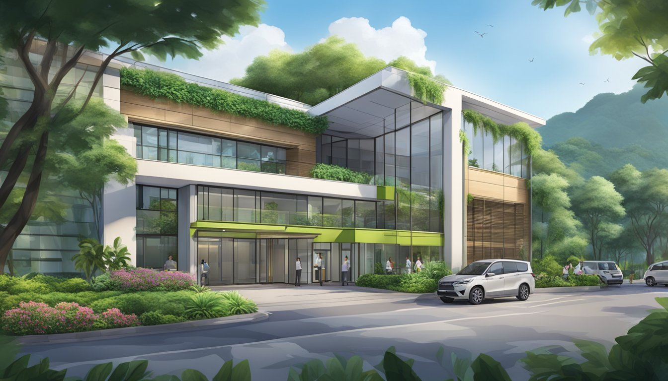 The exterior of Leslie Tay Heart Specialist Clinic, with a prominent sign and modern architecture, surrounded by lush greenery