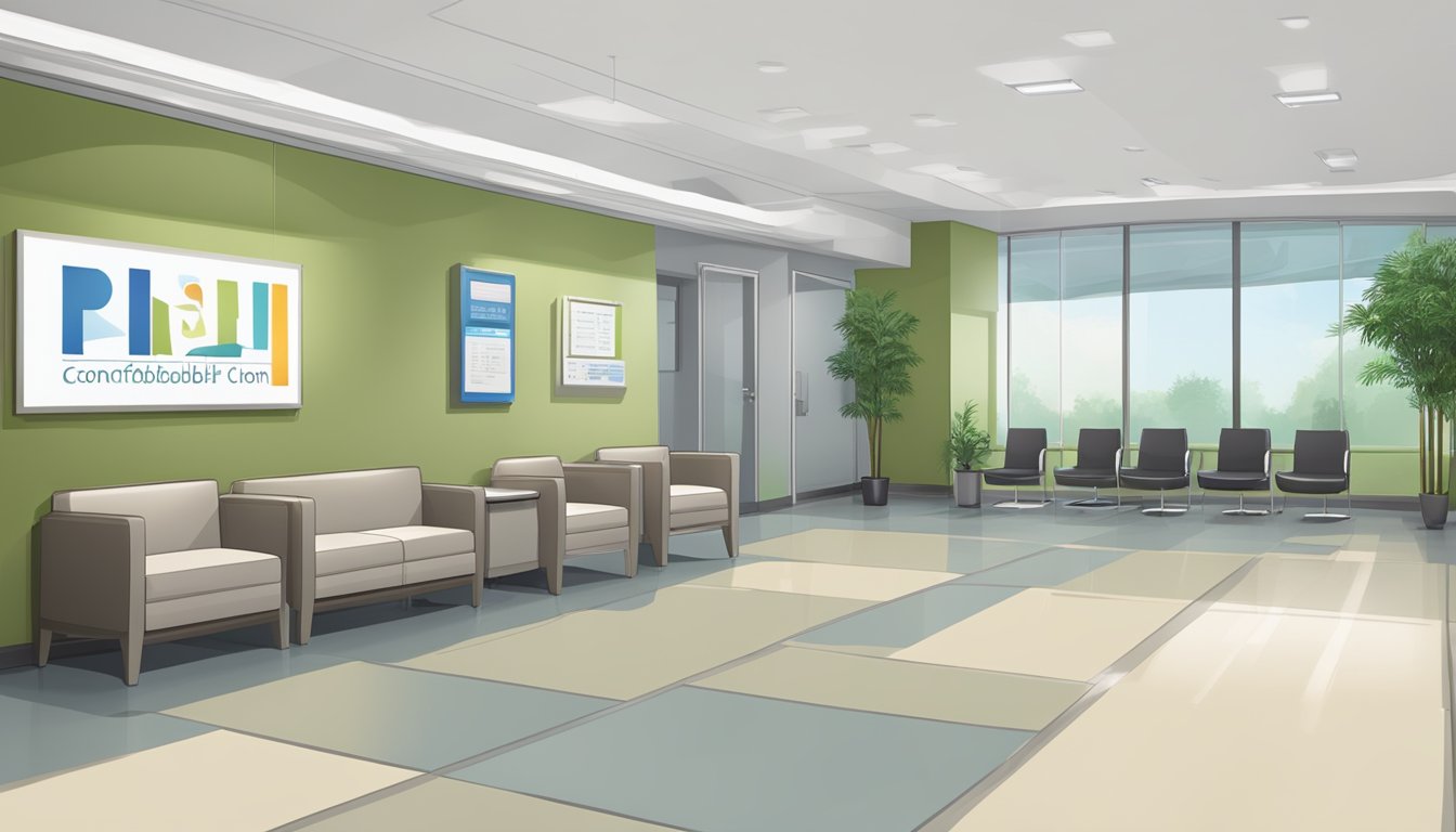 A modern, clean waiting room with comfortable chairs and a reception desk. The clinic sign and logo are prominently displayed
