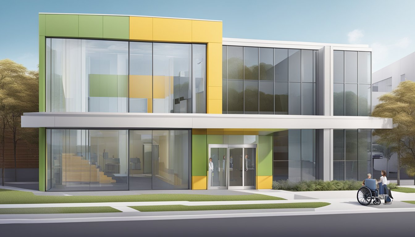 The clinic is located in a modern building with clear signage and wheelchair-accessible entrance. A ramp leads to the automatic sliding doors, and there are designated parking spaces for patients with disabilities