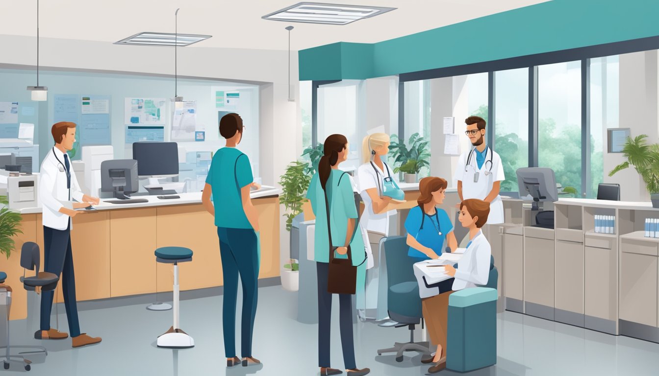 A bustling cardiology clinic with patients checking in, a receptionist answering calls, and a doctor consulting with a patient. Medical equipment and pamphlets are neatly organized