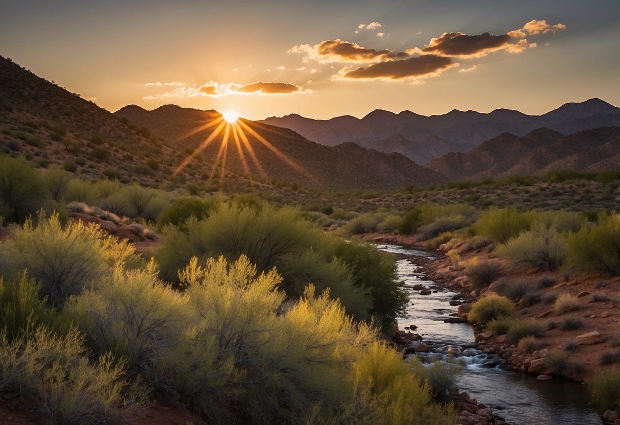 Sunset over Tonto National Forest, casting golden light on the rugged mountains and lush vegetation. The calm river winds through the landscape, reflecting the vibrant colors of the sky