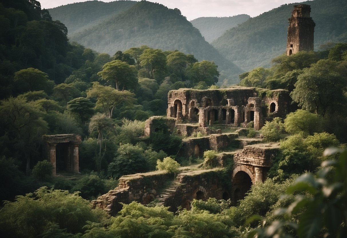 Lush forest with ancient ruins, flowing rivers, and diverse wildlife