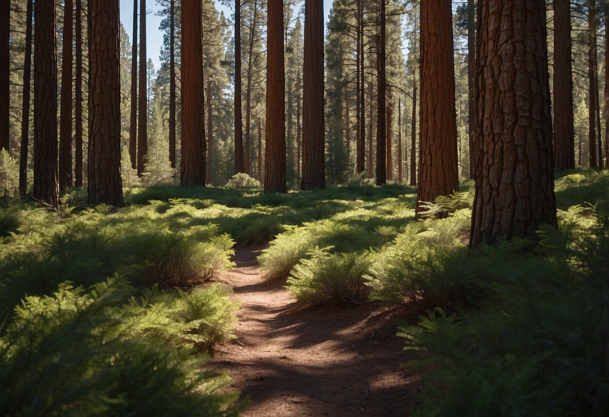 Sunlight filters through towering pine trees in Tonto National Forest, casting dappled shadows on the forest floor. A winding river cuts through the landscape, reflecting the vibrant greenery and creating a serene and picturesque scene