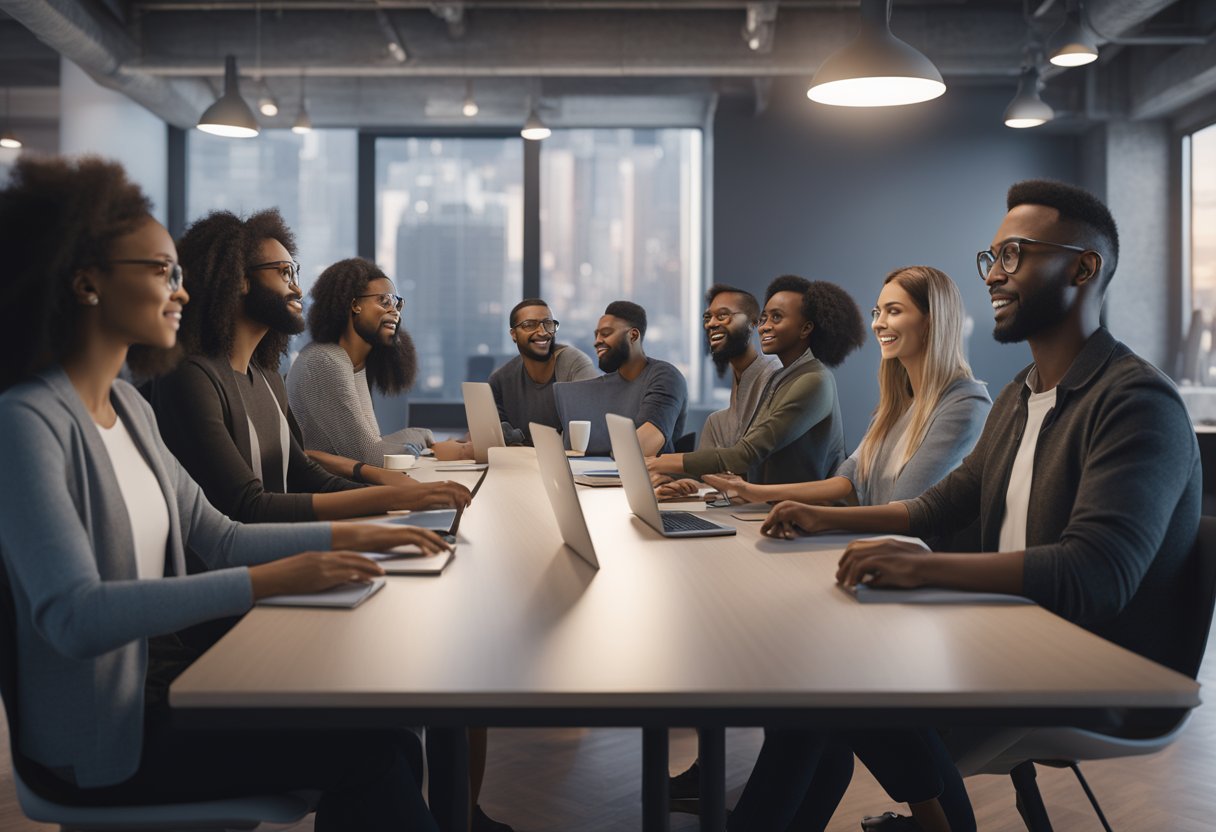 A group of remote team members collaborate on a project using AI voice VoIP solutions. They are shown communicating and working together from different locations