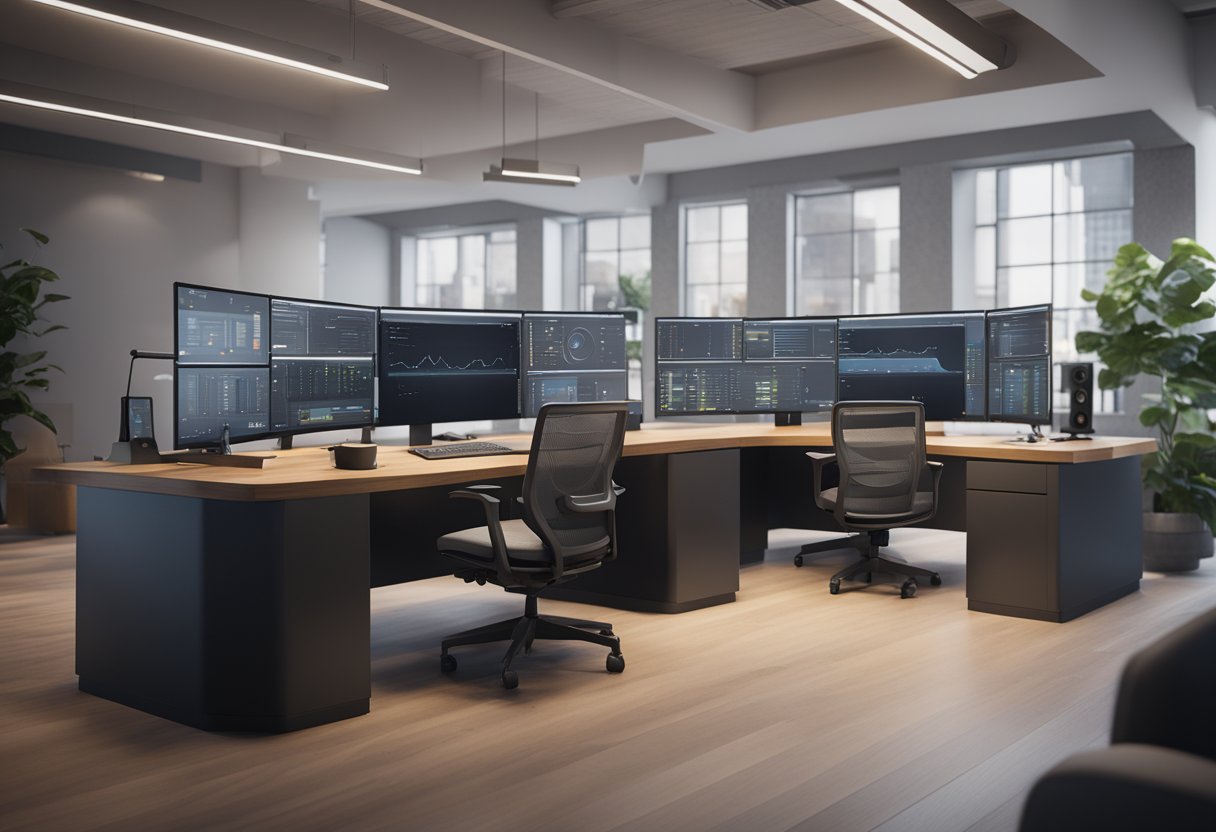 An office desk with a computer, headset, and AI-powered VoIP phone system. Remote team members communicating via AI voice technology