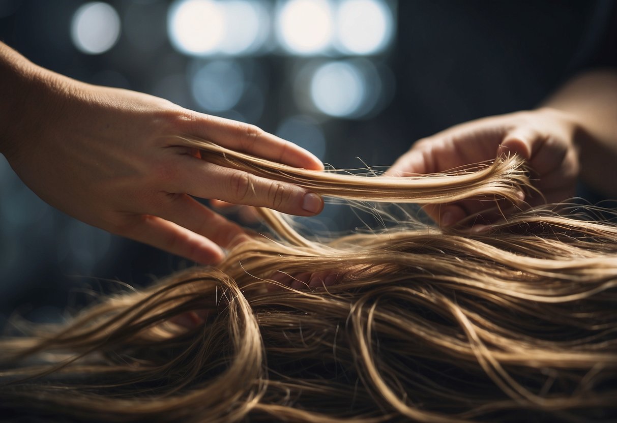 A hand reaching for various hair extensions, some labeled "damage-free" while others are tangled and frayed