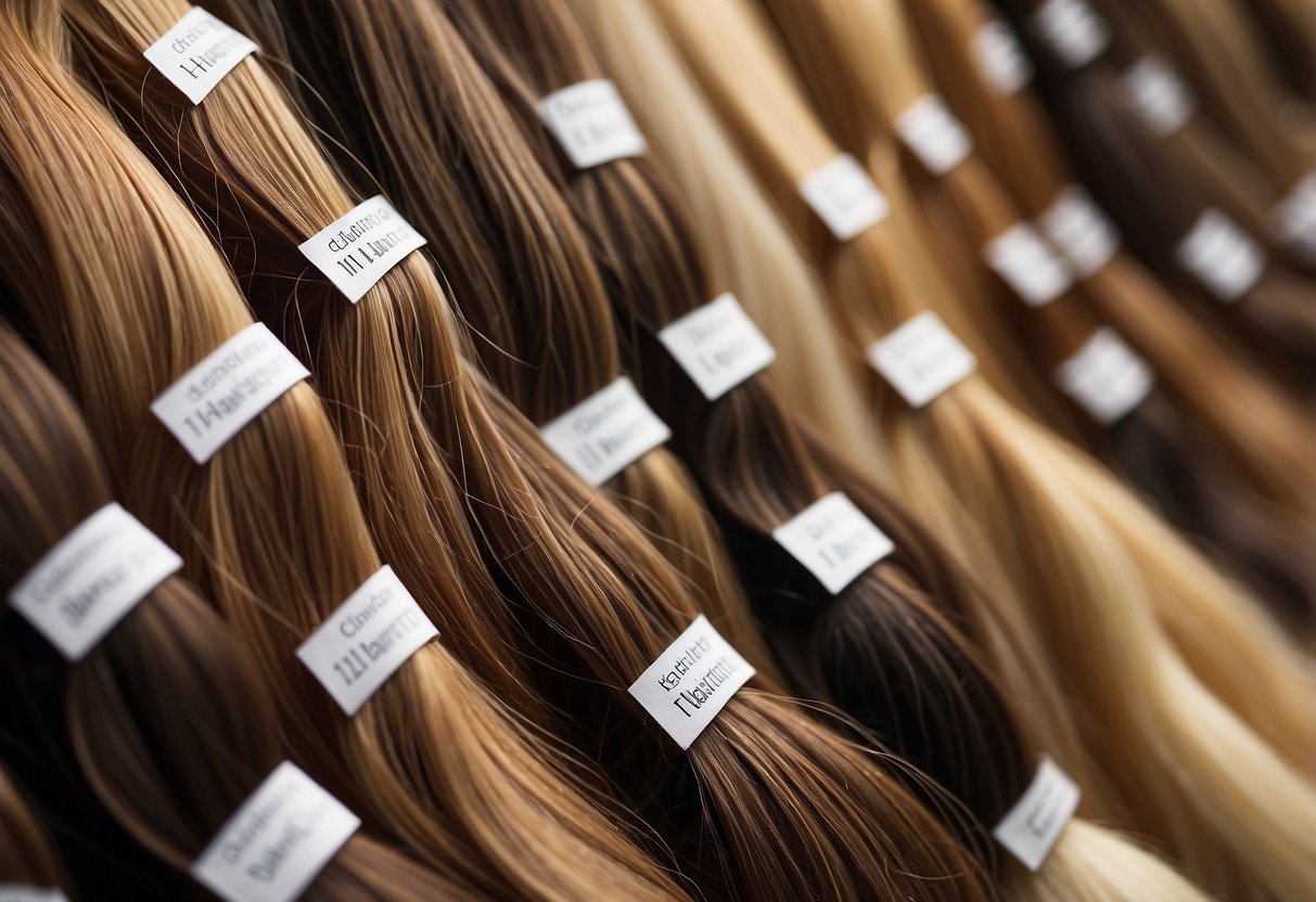 A row of various hair extension types, labeled with their respective names and durability ratings