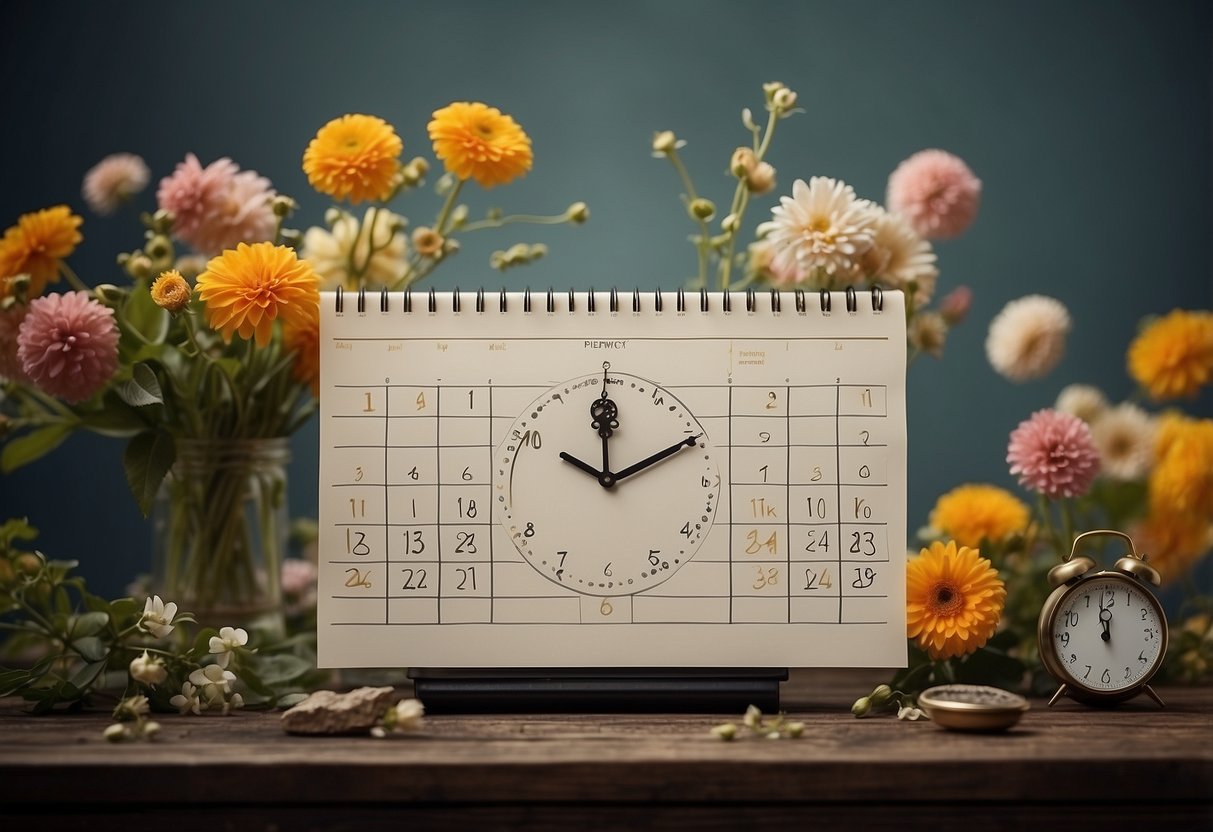 A calendar with different extension types labeled, surrounded by fading flowers and a ticking clock