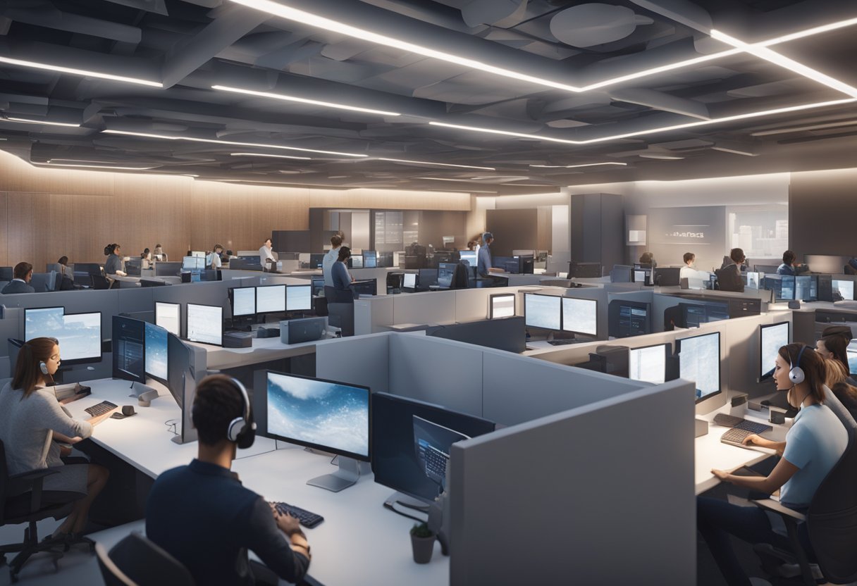 A bustling call center with AI voice technology in action, displaying Google's successful implementation for improved customer service call quality