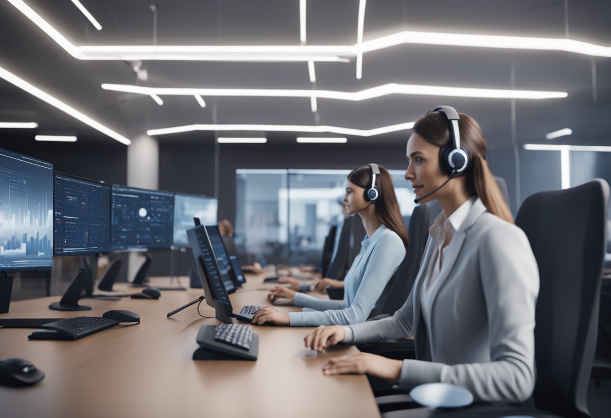 AI voice technology interacts with customers in a call center. It enhances call quality and improves customer service