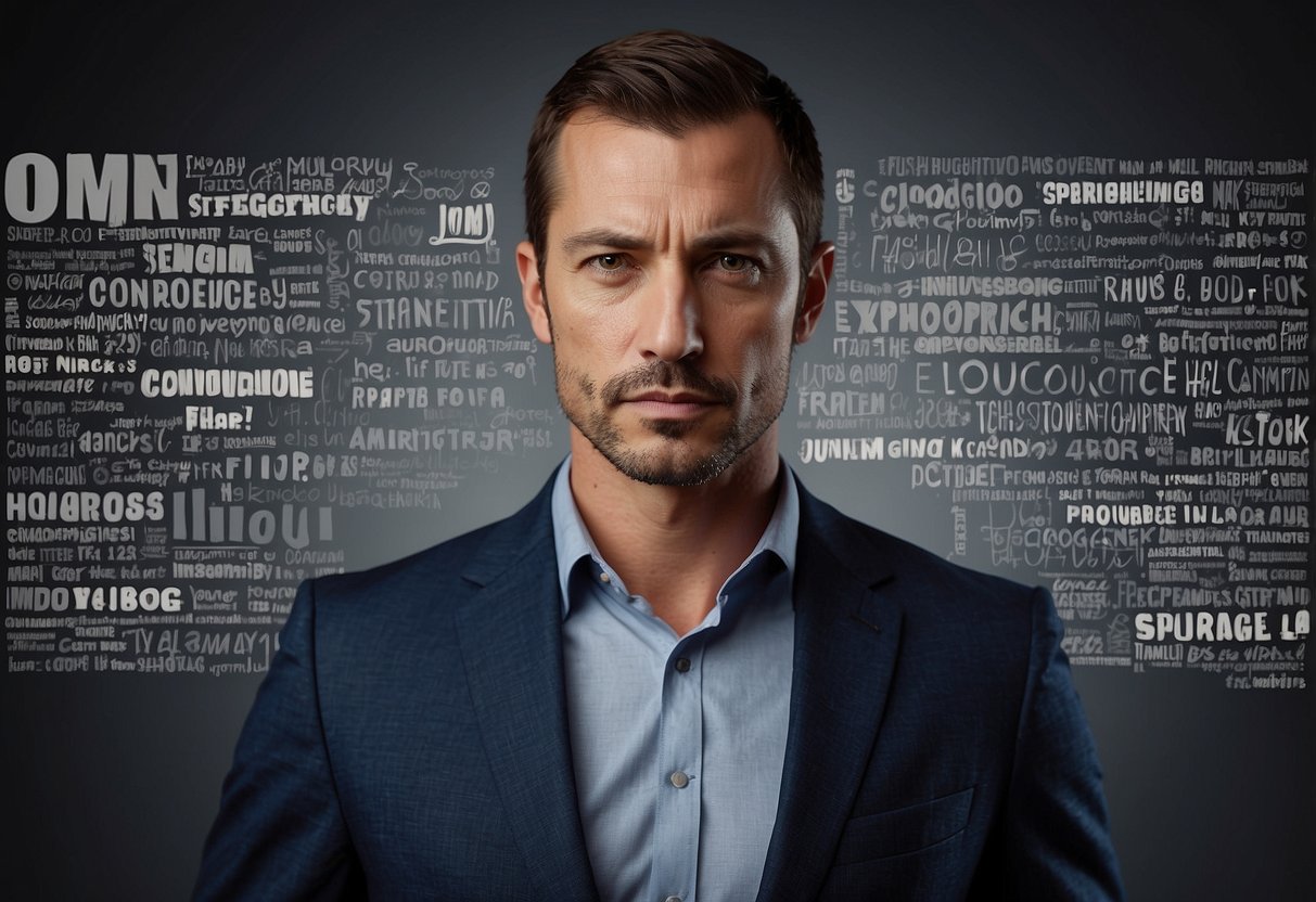 A man stands confidently with a determined expression, surrounded by words like "strength," "courage," and "confidence" in bold, empowering fonts