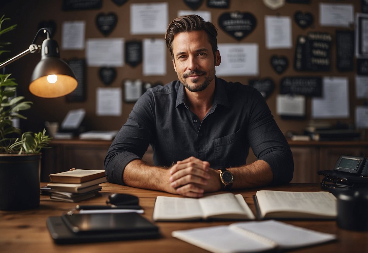 A man sits at a desk, surrounded by motivational quotes and images. He writes personal affirmations in a journal, focused and determined