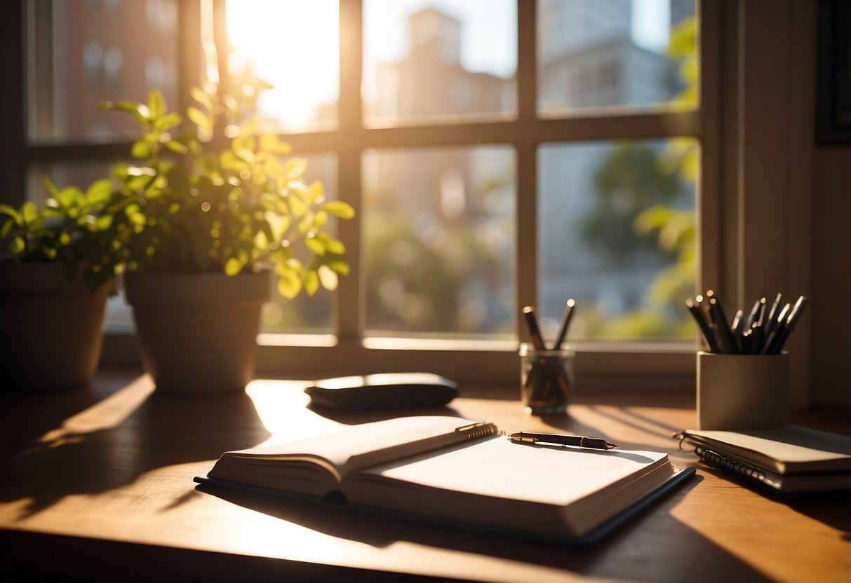 A desk with a pen and notebook, surrounded by motivational quotes and affirmations. Sunlight streams in through a window, casting a warm glow on the scene