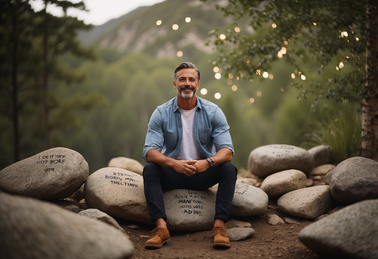A man sits in a peaceful, natural setting, surrounded by positive affirmations written on rocks and scattered throughout the scene