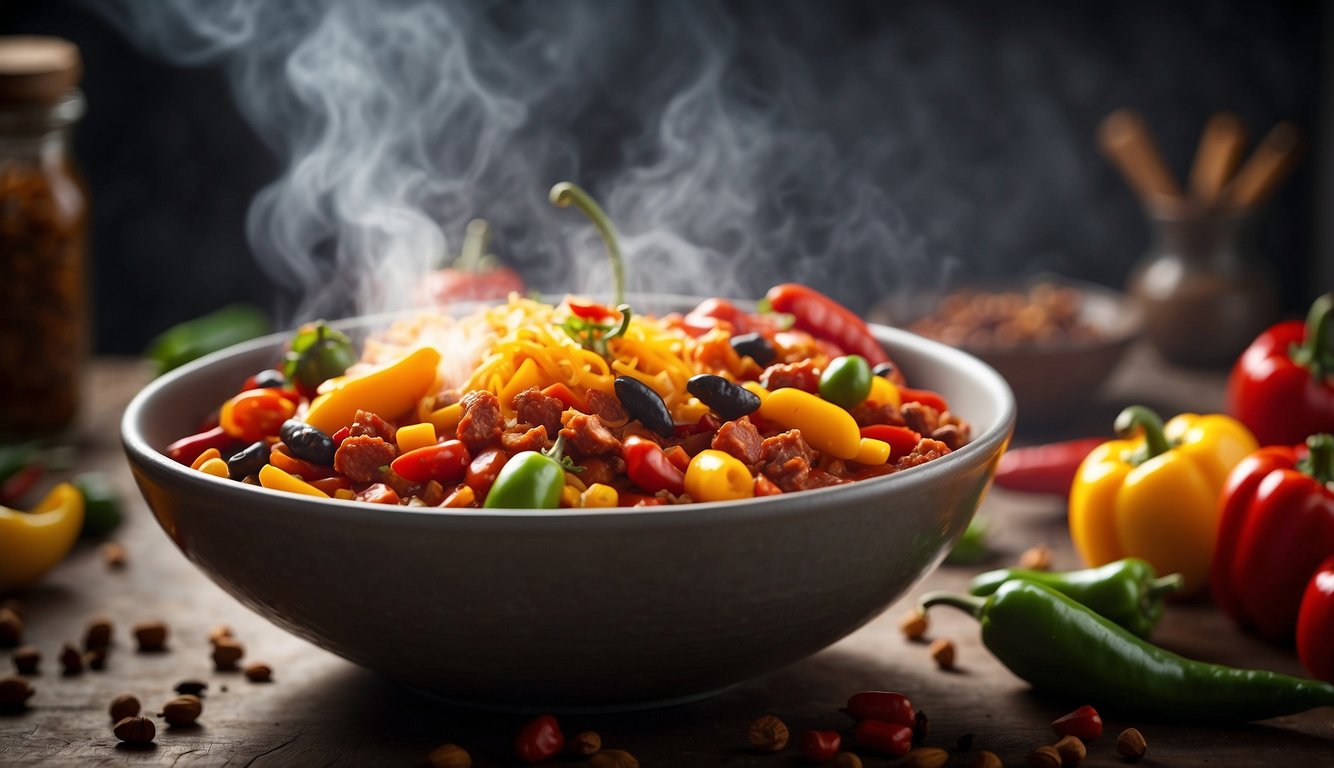 A bowl of hot chili with steam rising, surrounded by colorful peppers and spices