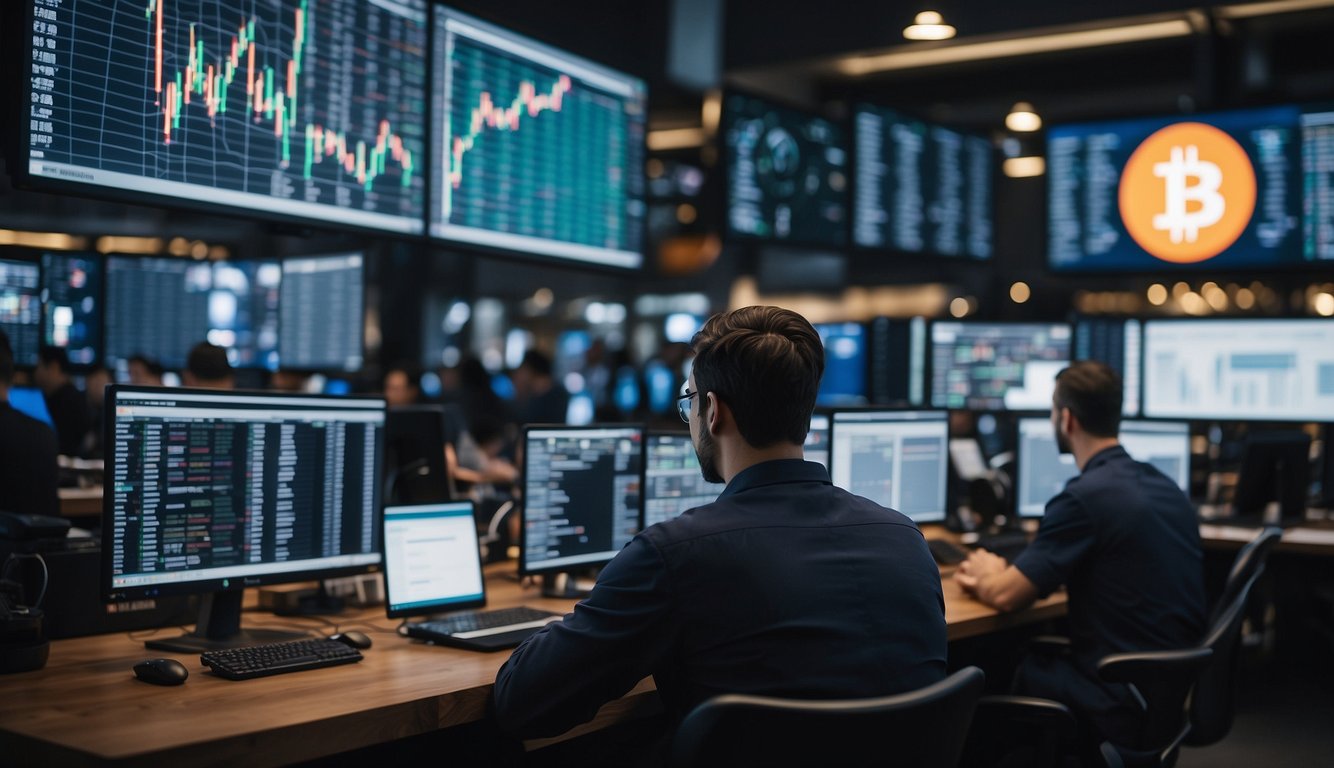 A bustling market with various cryptocurrency symbols displayed on screens, traders analyzing data, and a prominent CHZ coin logo