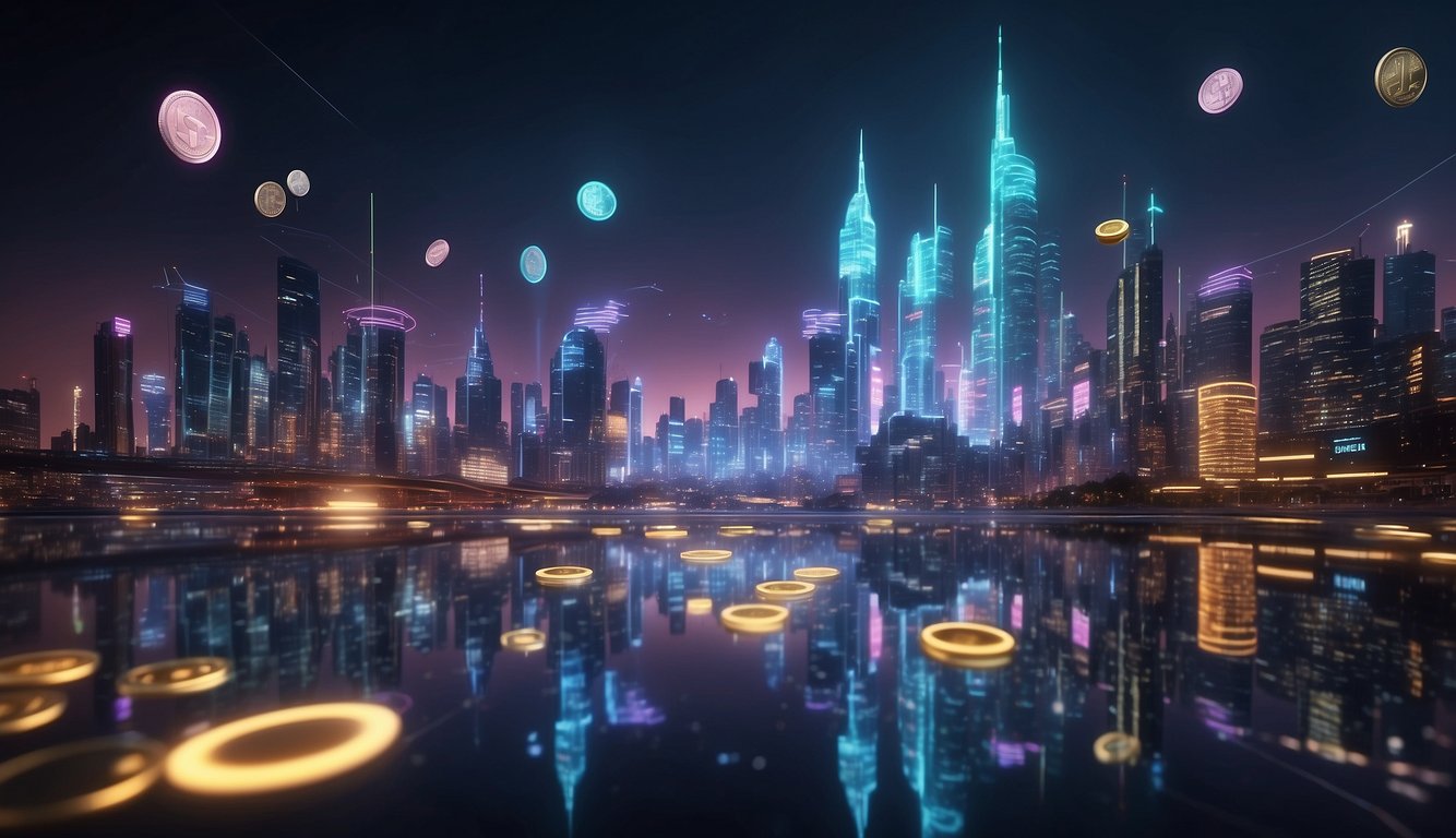 A futuristic city skyline with holographic cyber coins floating in the air. Neon lights and digital displays illuminate the scene