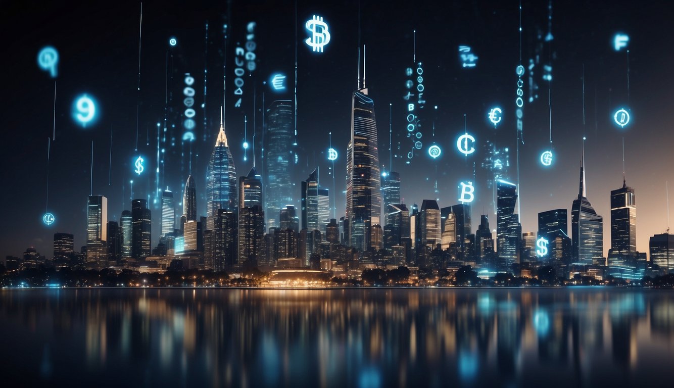 A futuristic city skyline with digital currency symbols floating in the air, surrounded by data streams and glowing charts