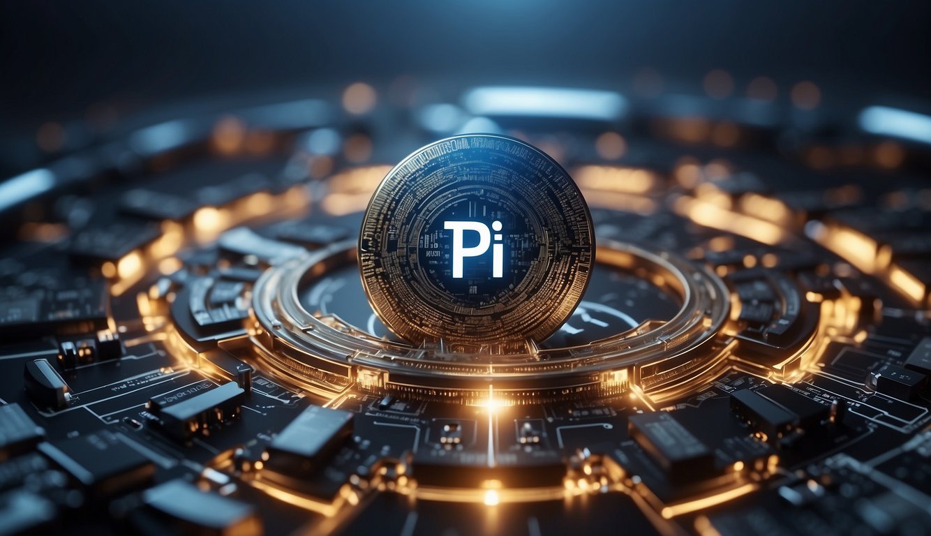 A digital landscape with the Pi Network logo and Pi cryptocurrency symbol, surrounded by futuristic technology elements