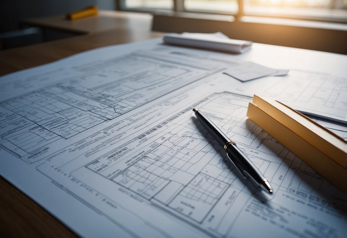 A table with open DTU documents, ruler, and pen. Blueprints and construction materials in the background