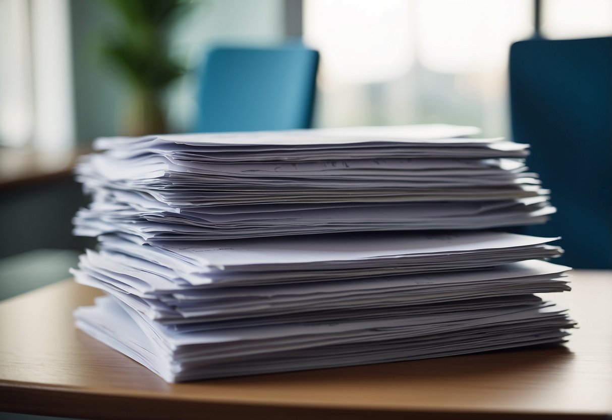 A stack of DTU documents and public procurement contracts on a desk