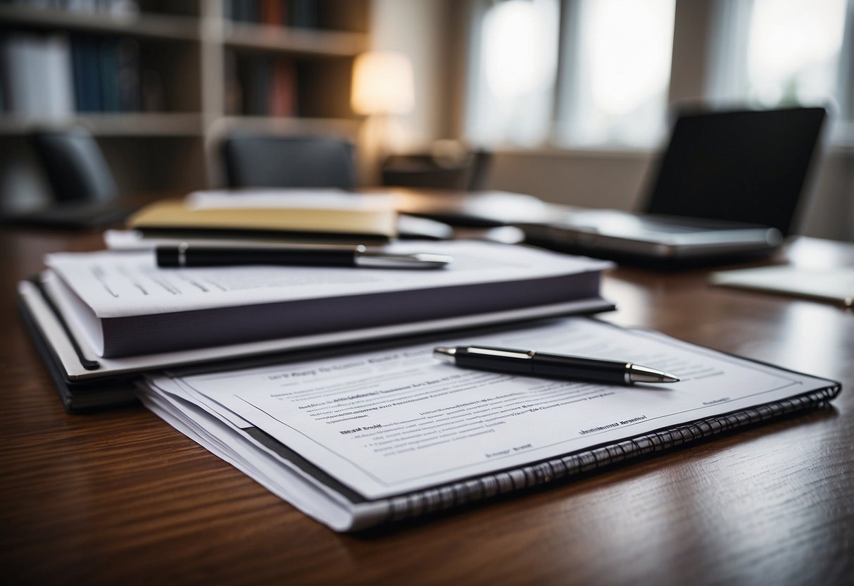 A stack of technical documents and guidelines for public procurement, with a pen and ruler on a desk