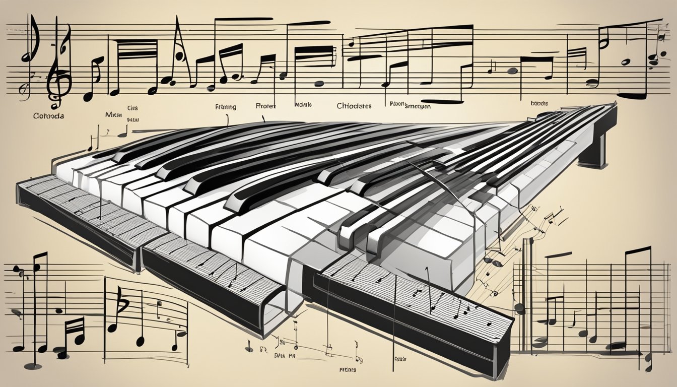 A musical staff with notes and chord symbols, a piano keyboard, and a diagram showing the structure of chords