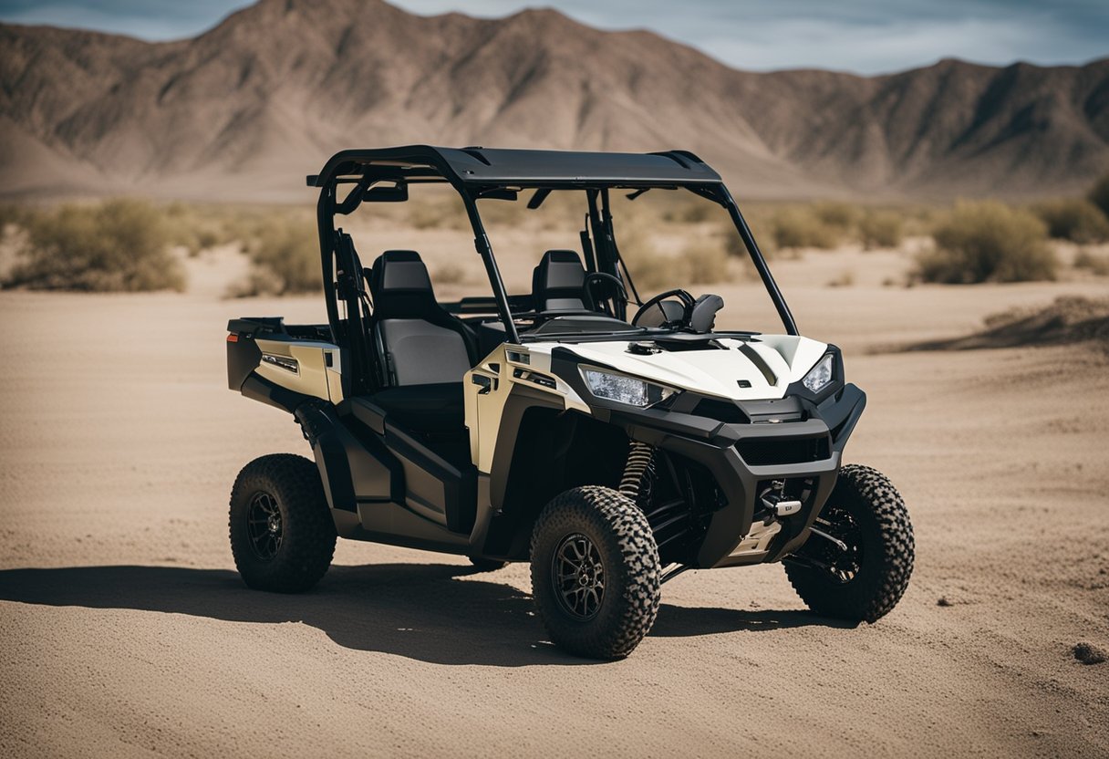 A UTV parked in the desert, with a toolbox and spare parts nearby. The tires are checked and inflated, and the engine is being serviced