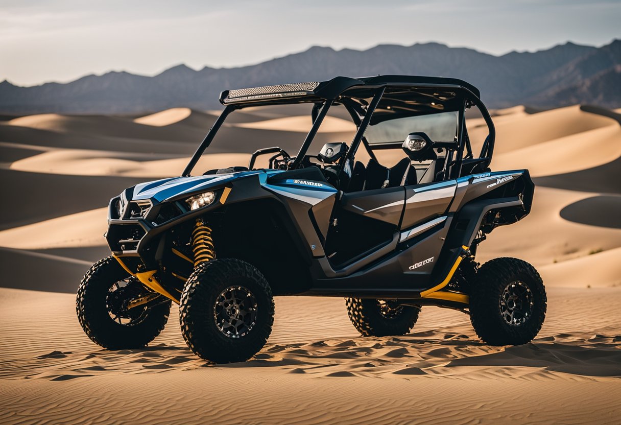 A UTV parked in the desert with sand dunes in the background, equipped with off-road tires, suspension upgrades, and a snorkel kit for desert riding