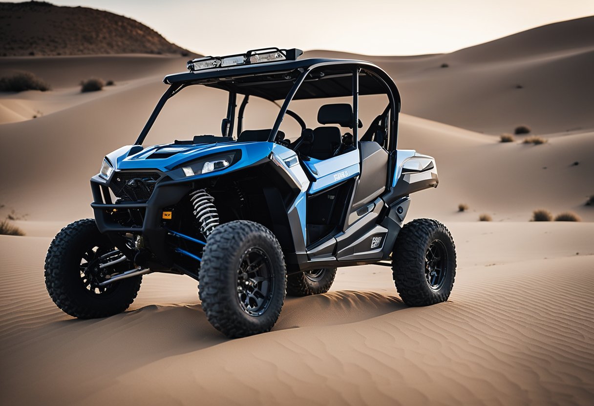 A UTV parked in the desert, with a helmet and safety gear laid out nearby. Tools and equipment scattered around for maintenance and inspection