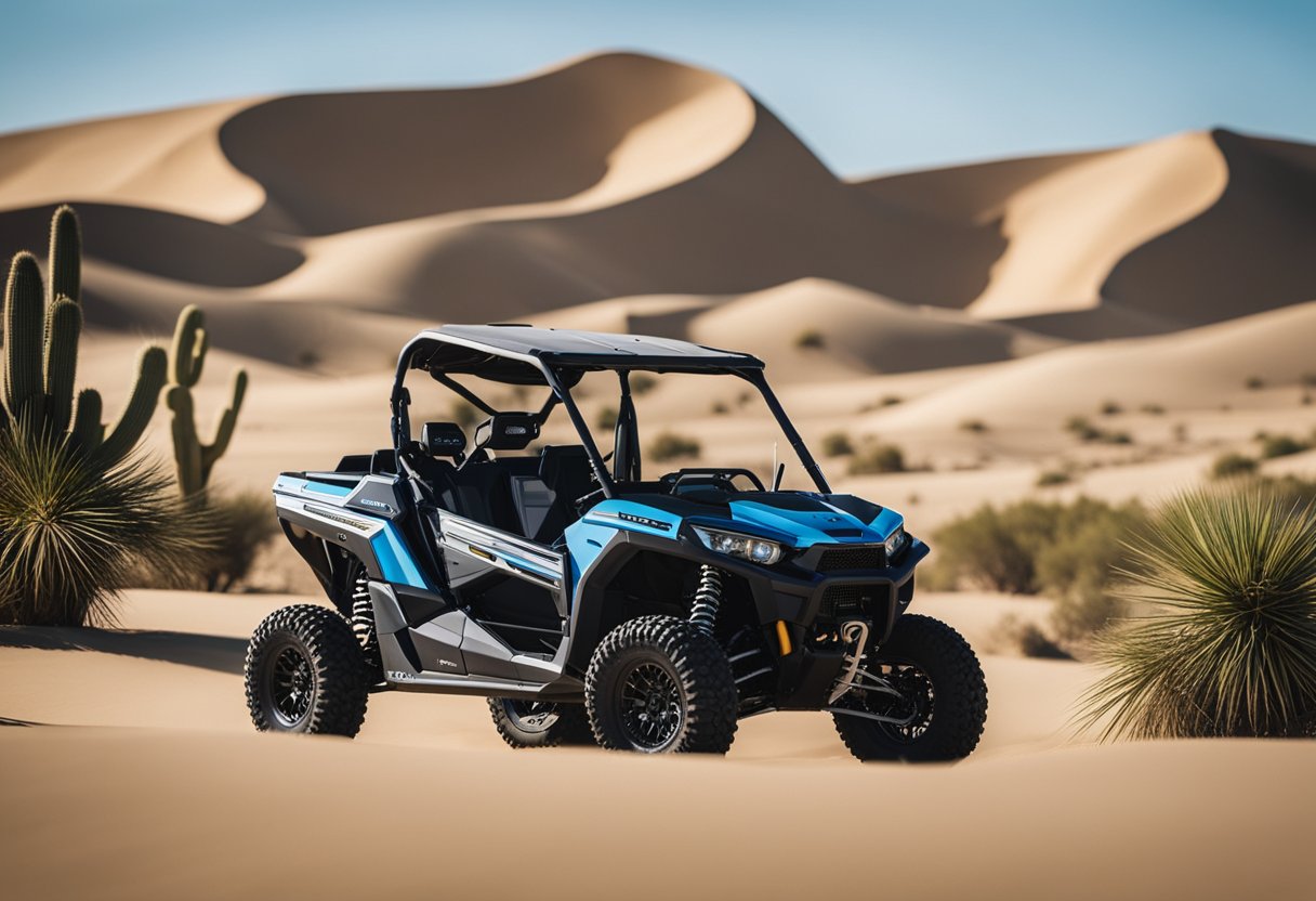 A UTV parked in the desert, surrounded by sand dunes and cacti. A mechanic inspects the engine, checks tire pressure, and cleans the air filter