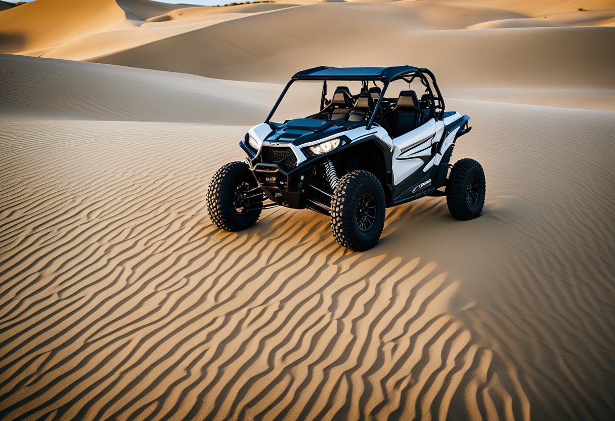 A UTV parked in a sandy desert, with upgraded suspension, tires, and roll cage. The sun is setting, casting long shadows on the dunes