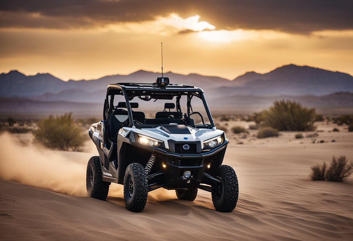 A UTV equipped with GPS, radio, and satellite phone in a desert setting