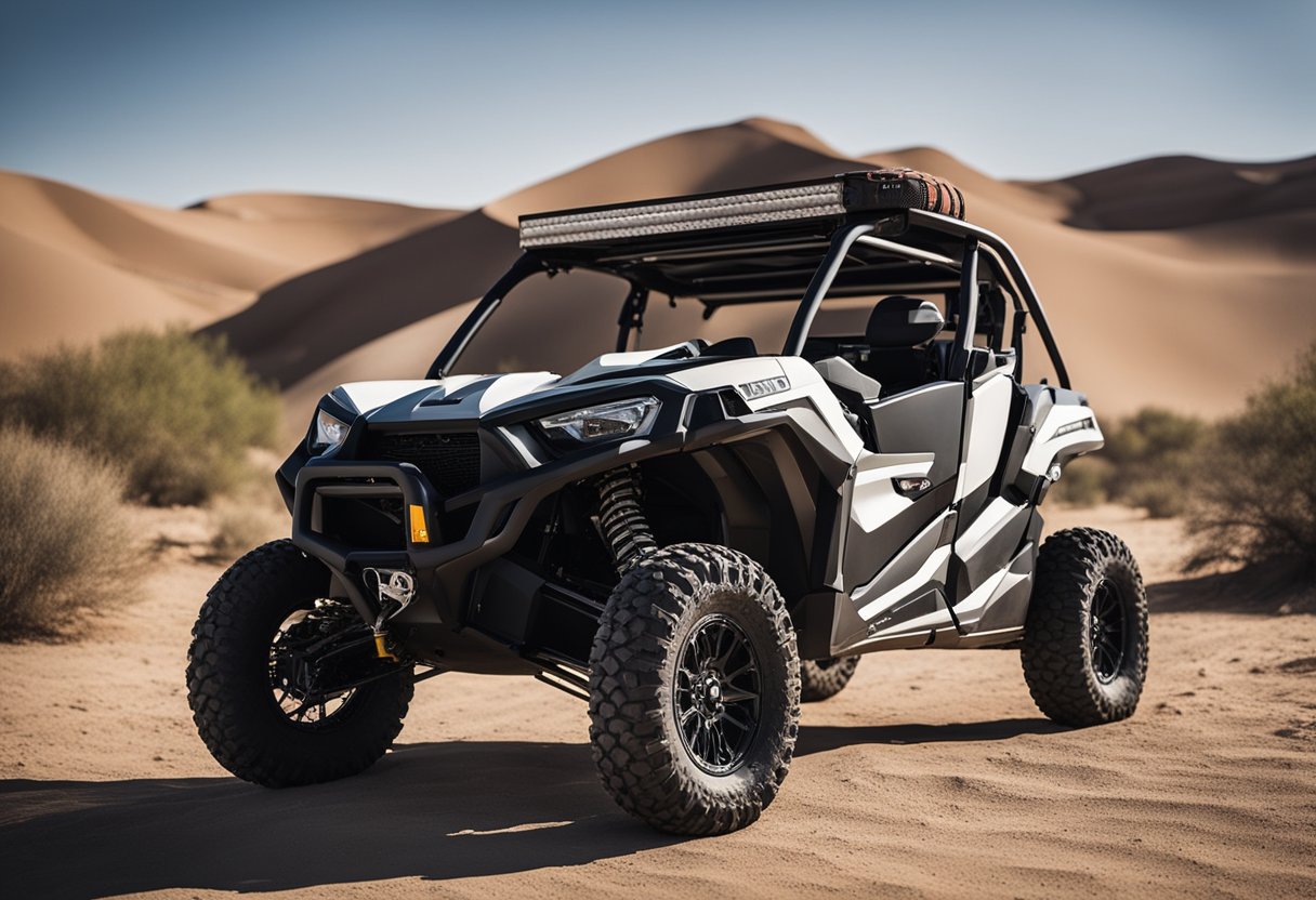 A UTV parked in a desert landscape. Supplies like water, spare tire, and first aid kit are being loaded into the vehicle