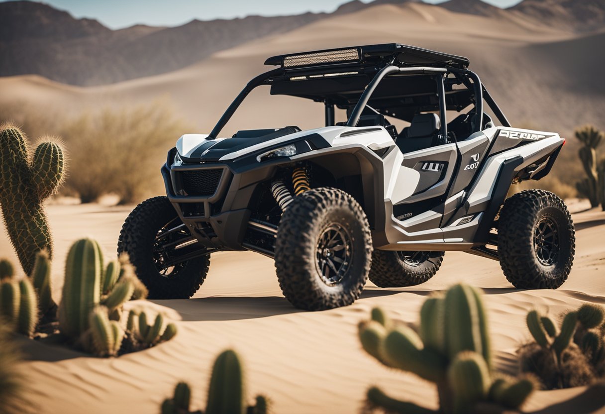 A UTV parked in a desert landscape, with sand dunes and cacti in the background. The vehicle is equipped with off-road tires and a sunshade to protect against the harsh desert sun