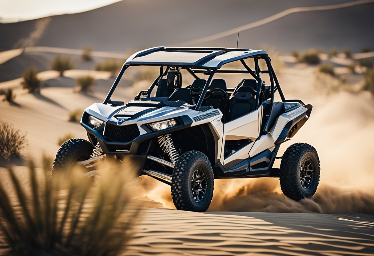 A UTV parked in the desert, with sand dunes in the background. The vehicle is equipped with off-road tires and a roll cage, ready for desert riding